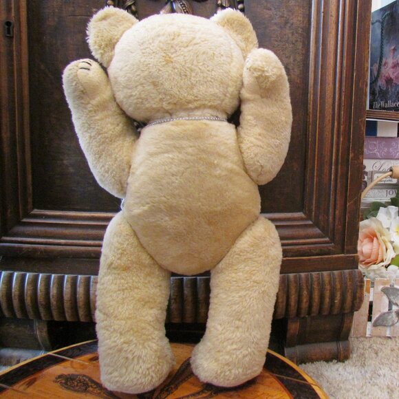 17" TEDDY BEAR that SITS, ARMS MOVE, WEARS CAMO & DOGTAGS, VINTAGE OLD-FASHIONED - Picture 5 of 5